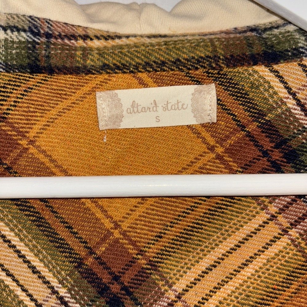 Alterd State Flannel Hoodie Shacket Women Size Sm Yellow Plaid Button Up Raw Hem - Picture 3 of 7